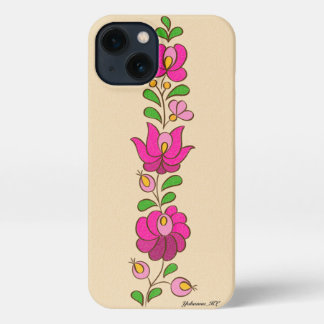 Etui iPhone 13 Motif hongrois de broderie, "Matyó" - rose