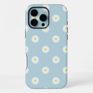 Coque iPhone 16 Pro Max Motif illustratif de pâquerettes sur fond bleu pâl