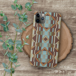 Coque iPhone 16 Pro Max Motif mosaïque tribal Taupe Brun Orange Turquoise