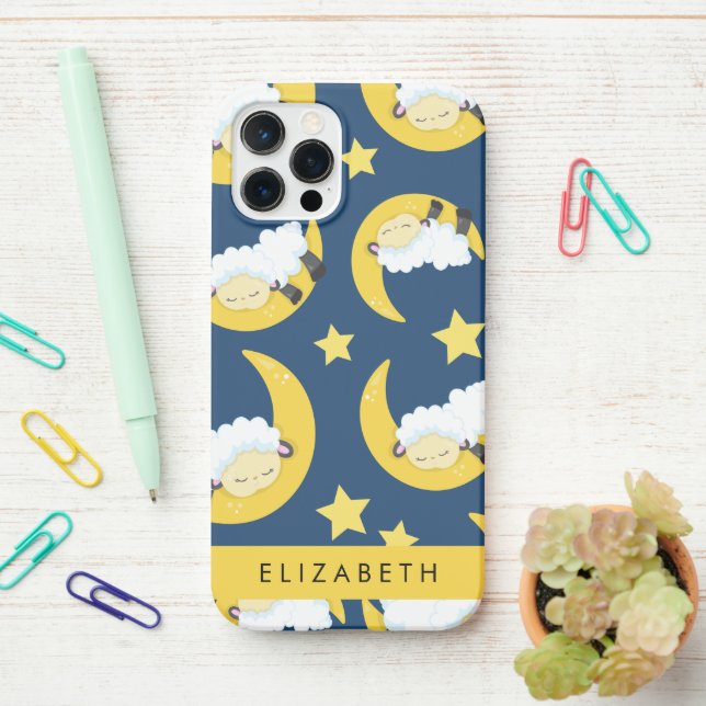 Coque iPhone Motif mouton, Mouton dormant, Lune, Votre Nom (Sur le bureau)