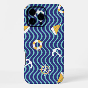 Coque iPhone 16 Pro Max Motif nautique bleu royal sans couture