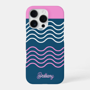 Coque iPhone 16 Pro Motif personnalisé à rayures ondulées bleues et ro