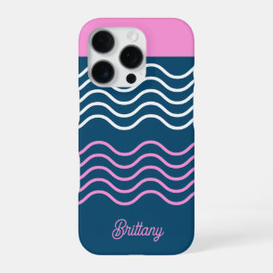 Coque iPhone 16 Pro Motif personnalisé à rayures ondulées bleues et ro