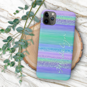 Coque iPhone 16 Pro Max Motif personnalisé rayures rose menthe vert bleu v