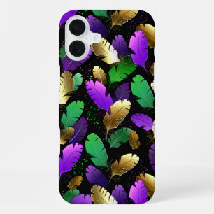 Coque iPhone 16 Plus Motif sans couture avec des plumes de Mardi Gras