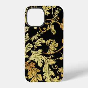 Coque iPhone 12 Motif sans couture doré de luxe. Fond floral