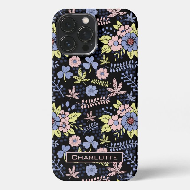 Coque iPhone Motif sans couture fleurie colorée avec nom (Verso)