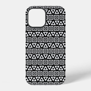 Coque iPhone 12 Motif Triangles+Carrés Aztèques Blanc sur Noir