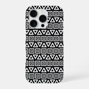 Coque iPhone 16 Pro Motif Triangles+Carrés Aztèques Blanc sur Noir