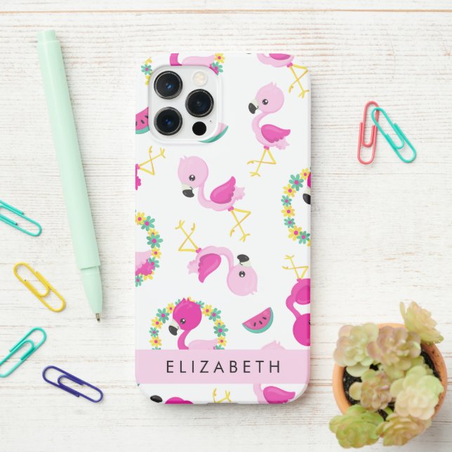 Coque iPhone Motif tropical, Flamants roses, Fleurs, Votre Nom (Sur le bureau)