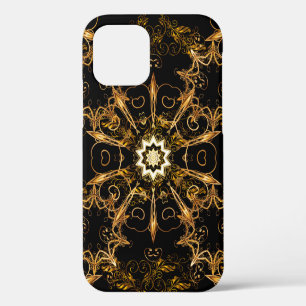 Coque iPhone 12 motif vintage. Grille dorée. Flocon de neige, Noël