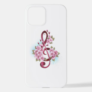Coque iPhone 12 Musical treble clef notes with sakura flowers