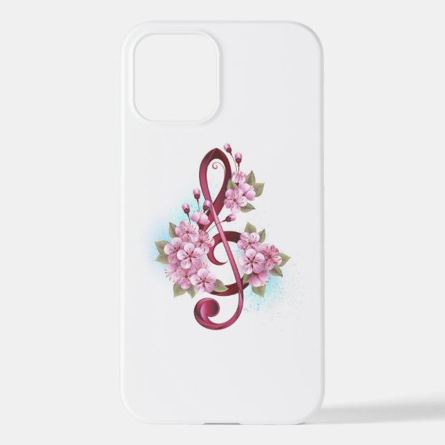 Coque iPhone Musical treble clef notes with sakura flowers (Verso)