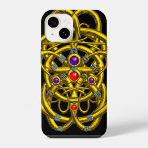 COQUE POUR iPhone 14 NOEUDS CELTIQUES EN OR ABSTRAITS, GEMMES COLORÉES 