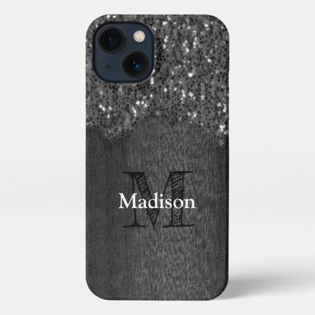 Coque iPhone Noir blanc étincelant bois rustique Monogramme (Verso)