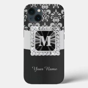 Etui iPhone 13 Noir et blanc vintage damask personnalisé