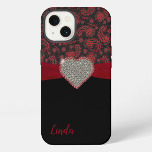 Etui iPhone 13 Noir et rouge Paisley avec cœur diamant