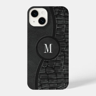 Coque Pour iPhone 14 Noir Faux Alligator Cuir Peau Luxe Monogramme