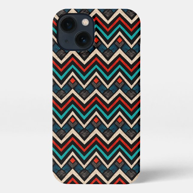 Coque iPhone Noir Rouge Turquoise Beige Aztèque Motif (Verso)