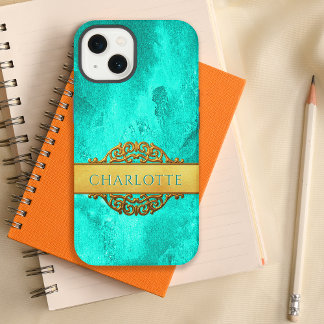 Etui iPhone 13 Nom abstrait Aqua et Or 