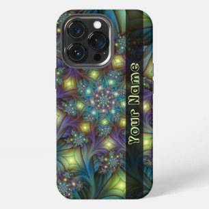 Etui iPhone 13 Pro Nom d'art fractal abstrait bleu violet illuminé