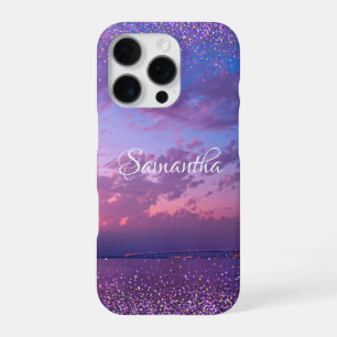 Coque iPhone 16 Pro Nom de Crépuscule Océan Pourpre Script Confettis