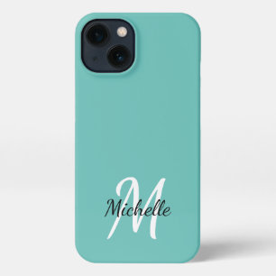 Etui iPhone 13 Nom du monogramme bleu de la fille + initial
