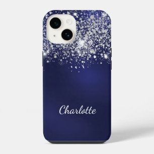 Coque Pour iPhone 14 Nom en écriture scintillante bleu argenté