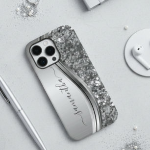 Coque iPhone 12 Nom manuscrit Métal argenté Faux aspect paillettes