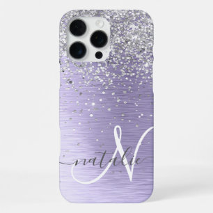 Coque iPhone 16 Pro Max Nom Monogramme Pailleté Argent Métal Brossé Violet