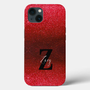 Etui iPhone 13 Nom Monogramme Ruby Rouge Ombre Paillettes Scintil