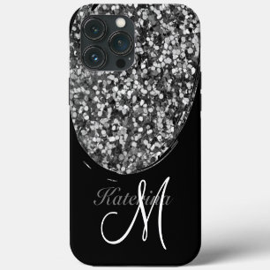 Etui iPhone 13 Pro Max Nom Pailleté Argent Noir Personnalisé