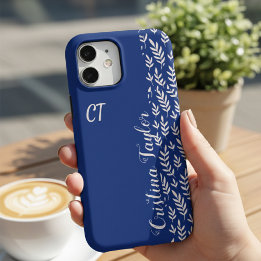 Coque iPhone 16 Pro Max Nom personnalisé Chic Bleu Nuit & Rose Pâle Feuill