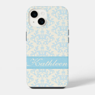 Coque Pour iPhone 14 Nom personnalisé damask bleu clair & crème