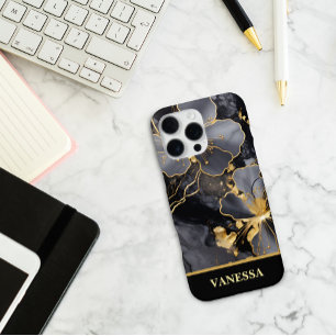 Coque iPhone 16 Pro Max Nom personnalisé Marbre Noir Fleur Or Personnalisé