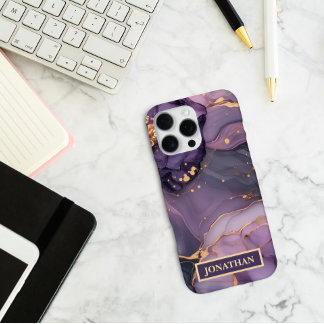 Coque iPhone 16 Pro Max Nom personnalisé Marbre Violet Impression Or Perso