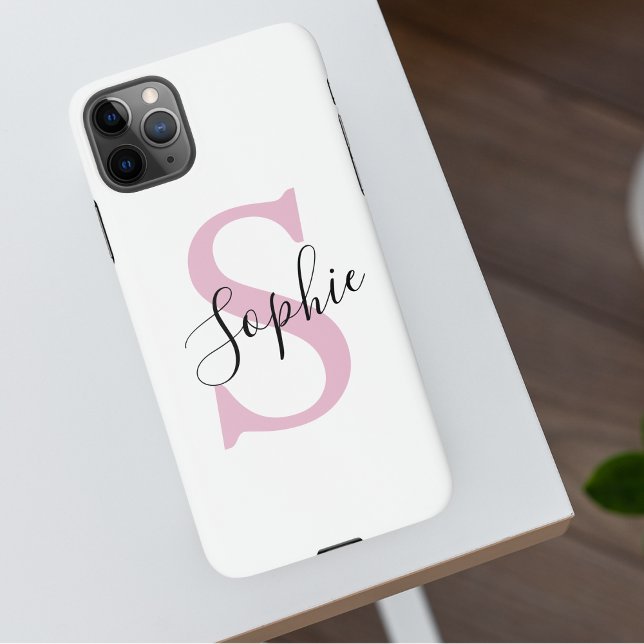 Coque iPhone Nom personnalisé moderne Monogramme rose (Créateur téléchargé)