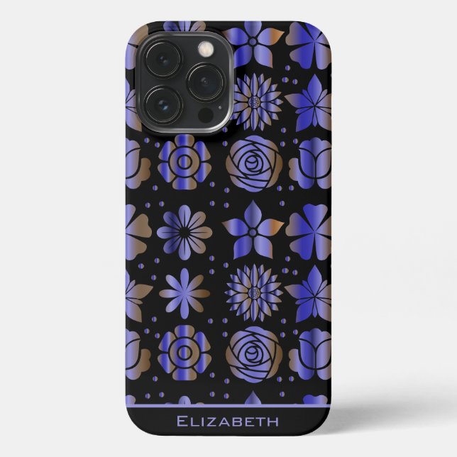 Coque iPhone Nom personnalisé motif floral bleu transparent (Verso)