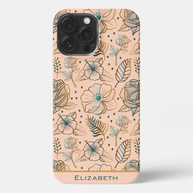 Coque iPhone Nom personnalisé motif floral doré (Verso)