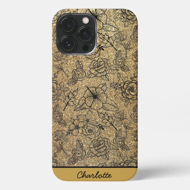 Coque iPhone Nom personnalisé motif floral doré (Verso)