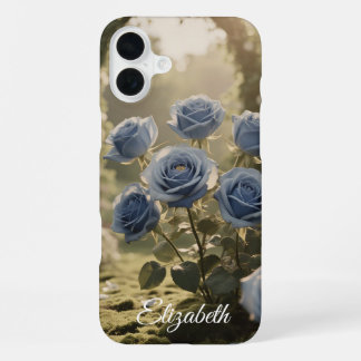 Coque iPhone 16 Plus Nom personnalisé Rose bleu enchanté Romantique Flo