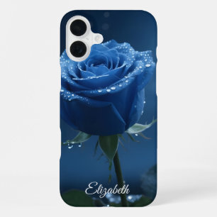 Coque iPhone 16 Plus Nom personnalisé Rose bleue enchantée Floral roman