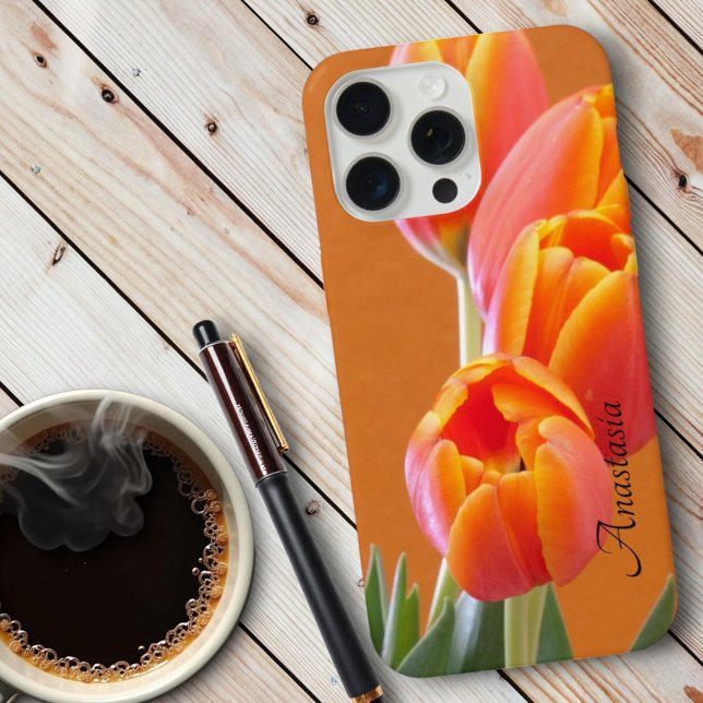 Coque iPhone Nom personnalisé Vibrant Orange Tulip Fleurs Photo (back of a iPhone template case)