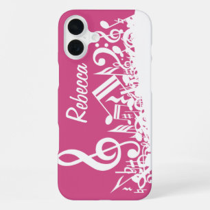 Coque iPhone 16 Plus Notes de musique personnalisées rose chaud et blan