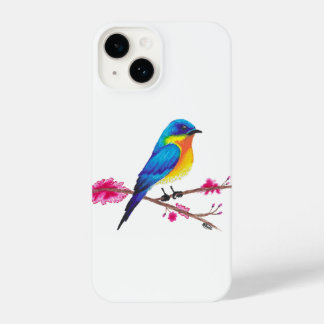 Coque Pour iPhone 14 Oiseau bleu et jaune avec des fleurs roses en dess