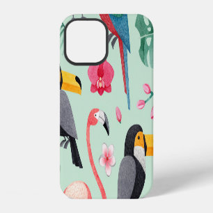 Coque iPhone 12 Oiseaux tropicaux, fleurs, motif aquarelle.