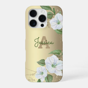Coque iPhone 16 Pro Or Girly Floral Aquarelle Glam Monogramme Script