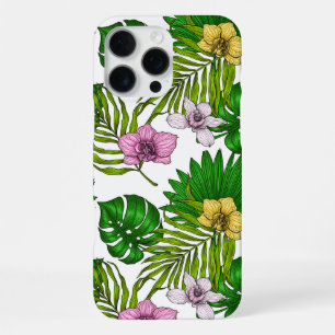 Coque iPhone 16 Pro Max Orchidées et feuilles de palmier, rose, jaune, ver