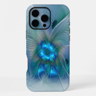 Coque iPhone 16 Pro Max Ovation debout, fractale bleue turquoise abstraite