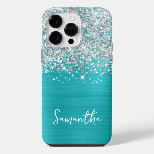 Coque Pour Pour iPhone 14 Pro Max Pailleté Argent Turquoise Bleu Glam Nom